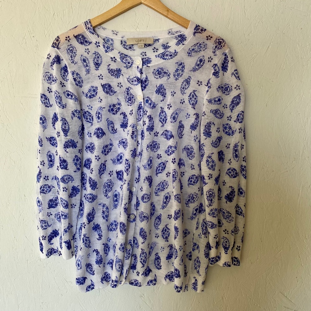 LOFT floral blue and white button down cardigan XL